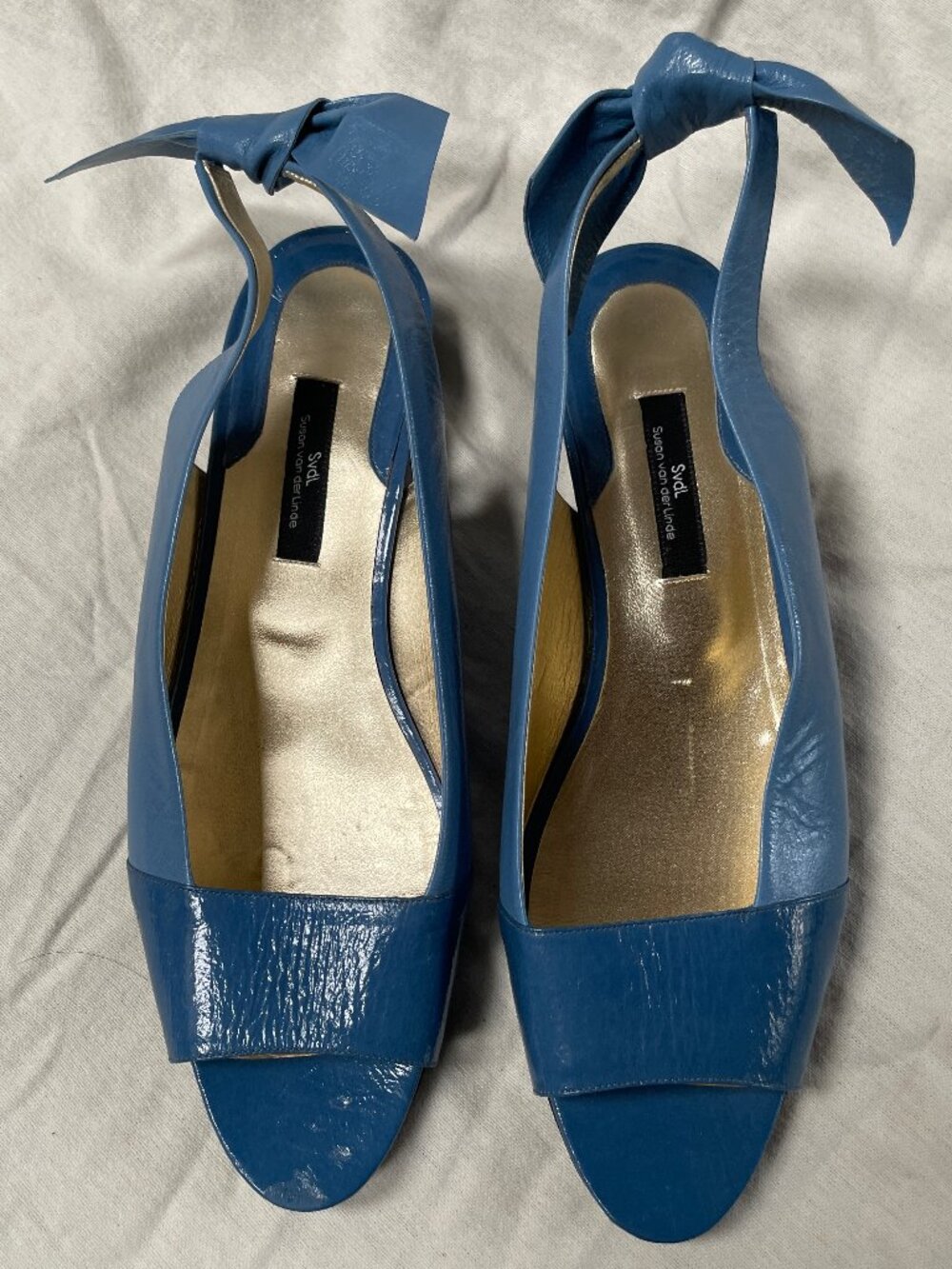 Susan van der Linde Blue Leather Bow Slingback Low Heel Shoes Size 38 / US 7.5-8